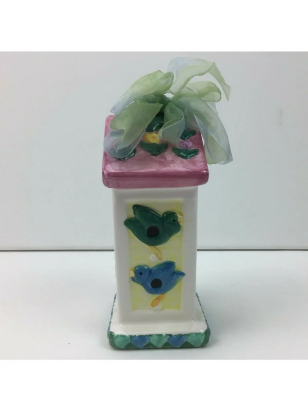 Ceramic Birdhouse Indoor Decor Sunflower Birds Flowers Hearts Ribbon Hanger